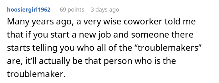 Screenshot of a social media comment discussing a wise coworker’s advice about troublemakers and new jobs. Screenshot of a social media comment discussing a wise coworker’s advice about troublemakers and new jobs.