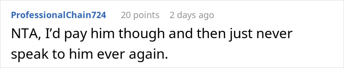 Screenshot of a Reddit comment discussing a cousin who offered to photograph a wedding as a gift, then sent a $3,000 bill.