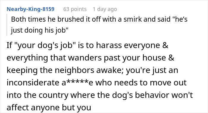 Homeowner confronting inconsiderate neighbor about proper dog owner etiquette to stop disruptive dog behavior.