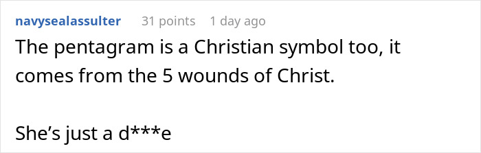 Text post discussing HR’s rule about religious symbols, mentioning the pentagram as a Christian symbol and criticizing a Karen. Text post discussing HR’s rule about religious symbols, mentioning the pentagram as a Christian symbol and criticizing a Karen.