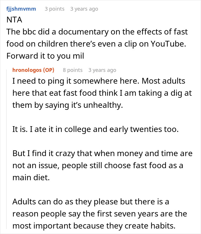 Screenshot of an online discussion about a mom refusing to leave kids with MIL who feeds them fast food frequently.