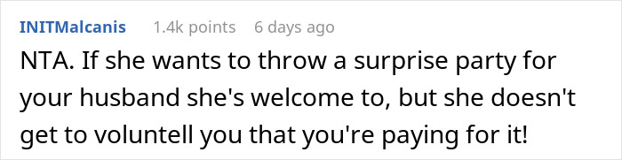 Text post from a discussion about a MIL wanting to surprise her son&rsquo;s birthday, expecting DIL to pay for a fancy restaurant party.