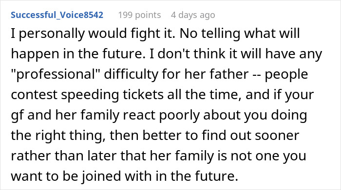 Reddit comment discussing contesting a speeding ticket issued by a cop who is the driver’s daughter’s boyfriend. Reddit comment discussing contesting a speeding ticket issued by a cop who is the driver’s daughter’s boyfriend.