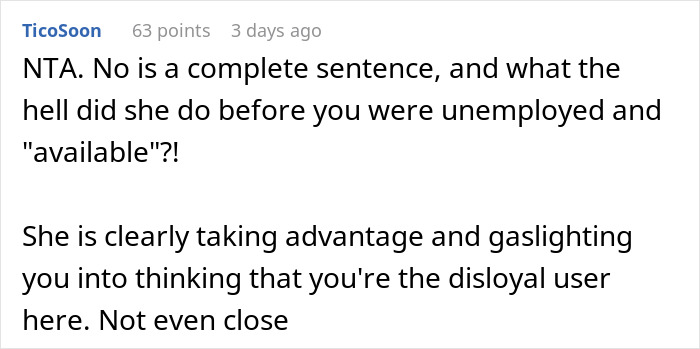 Screenshot of a Reddit comment discussing someone asking to be paid for babysitting niece and nephew and being gaslighted.