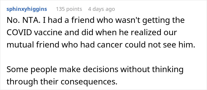 Comment discussing consequences faced by a pregnant anti-vaxxer as best friend cancels future playdates.