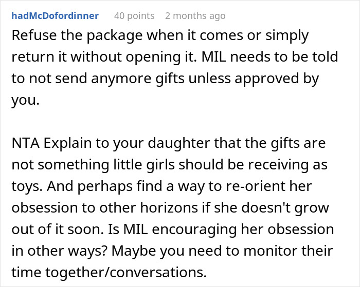 Comment advising to refuse MIL&rsquo;s weird gift to pregnancy-obsessed 6-year-old and monitor their time together.