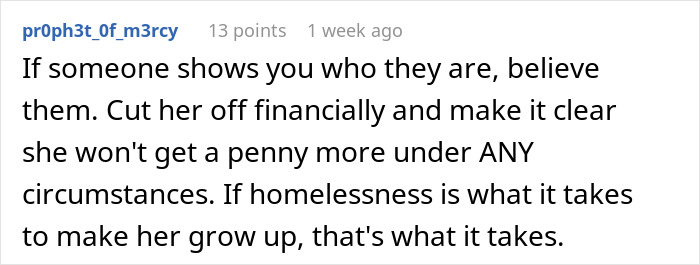 Screenshot of a Reddit comment advising to cut off financial help after a sister refuses to repay debts years ago. Screenshot of a Reddit comment advising to cut off financial help after a sister refuses to repay debts years ago.