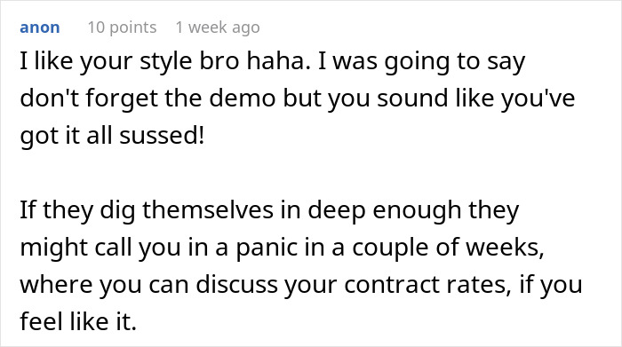 Comment on forum post about worker agreeing to start new project despite being fired, discussing contract rates.