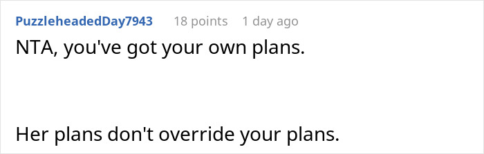 Comment on social platform stating refusal to cancel trip for sister’s babysitting emergency, highlighting family drama and personal plans. Comment on social platform stating refusal to cancel trip for sister’s babysitting emergency, highlighting family drama and personal plans.