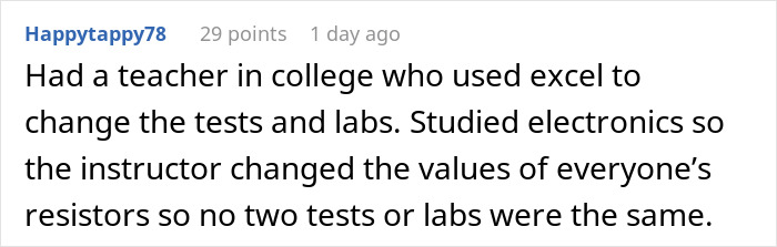 Screenshot of a Reddit comment about a teacher using Excel to create unique tests for catching cheaters in college.