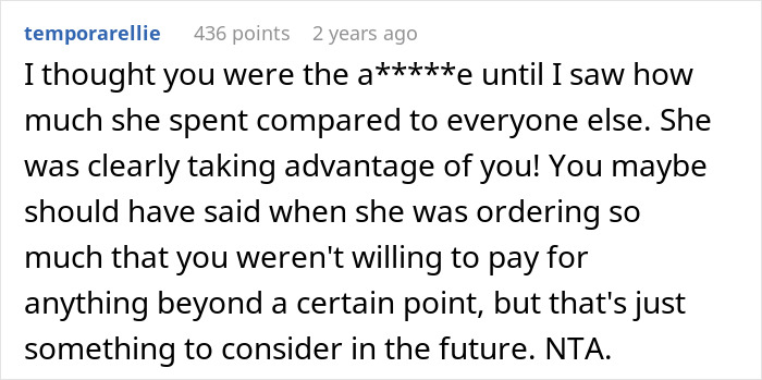 Comment discussing friend's girlfriend ordering the most expensive meals knowing the guy is paying and the situation backfiring.