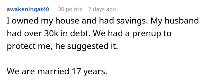 Screenshot of a Reddit comment discussing prenups and hidden credit card debt in a marriage lasting 17 years.