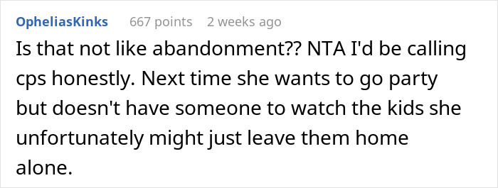 Comment discussing sister abandoning 18-year-old with two kids for four days, calling it no big deal.