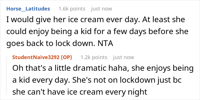 Reddit comments debating if eating ice cream every night complicates parenting and impacts a child’s lockdown experience. Reddit comments debating if eating ice cream every night complicates parenting and impacts a child’s lockdown experience.