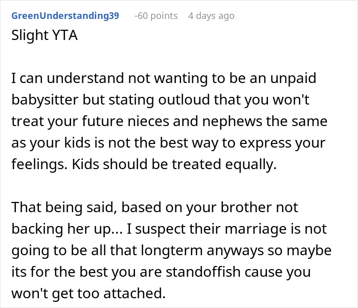 Comment discussing feelings about treating brother's girlfriend's kids differently from own children in AITAH context.
