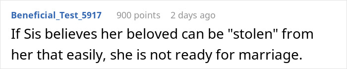 Text message on screen with advice about sister not being ready for marriage after being accused of stealing ex-fiancé at engagement dinner. Text message on screen with advice about sister not being ready for marriage after being accused of stealing ex-fiancé at engagement dinner.