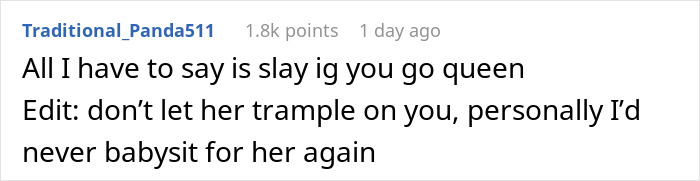 Comment on social media expressing support for someone called too depressed to babysit, advising against babysitting again.