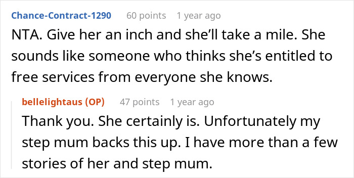 Screenshot of an online discussion about a woman refusing to babysit step sister&rsquo;s kids, causing family drama.
