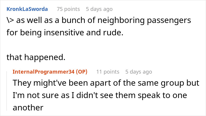 Comments from Reddit thread discussing passenger moving seats on flight after special needs kid&rsquo;s kickfest, facing blame nearby.