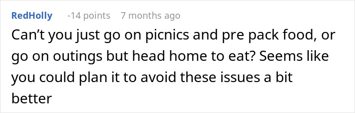 Screenshot of a forum comment discussing refusal to have kid outings with brother&rsquo;s kids and suggesting picnic planning.