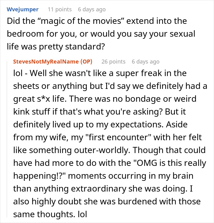 Screenshot of a Reddit conversation where a guy shares his experience dating a famous actress, describing their intimate life.