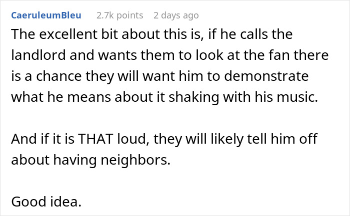 User comment discussing clever woman confusing loud downstairs neighbor to restore peace in apartment block. User comment discussing clever woman confusing loud downstairs neighbor to restore peace in apartment block.