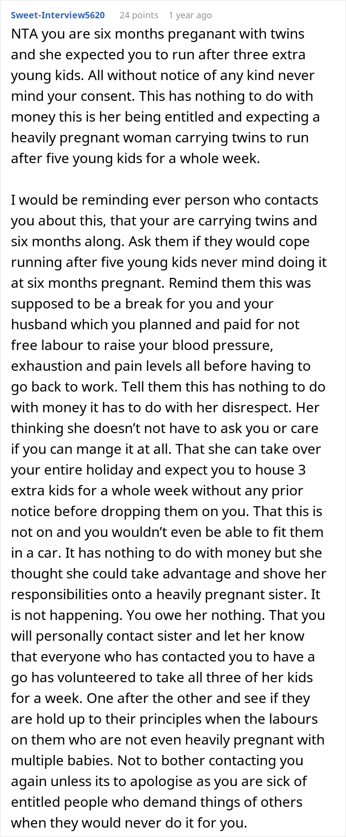 Comment discussing refusal to babysit step sister&rsquo;s kids during holiday leading to family drama involving pregnancy challenges.