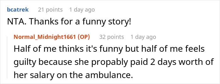 Reddit comments discussing an ambulance arriving at an office and a severe case of attention seeking behavior.