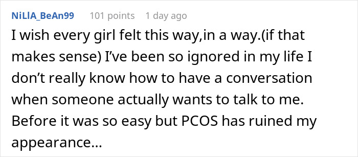 Comment expressing how a woman&rsquo;s experience changed after losing her pretty privilege due to PCOS affecting her appearance.