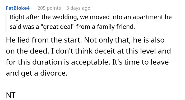 ALT text: Reddit comment discussing paying rent unknowingly to husband and his mom for two years after moving into an apartment.