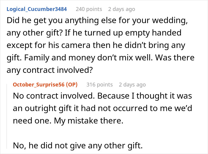 Reddit conversation discussing cousin who offered to photograph wedding but sent couple a $3,000 bill despite no contract.