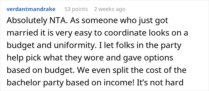 Screenshot of a Reddit comment discussing a woman refusing to wear a wig at her brother’s wedding conflict. Screenshot of a Reddit comment discussing a woman refusing to wear a wig at her brother’s wedding conflict.