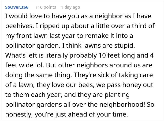 Comment discussing a couple transforming lawn into a pollinator garden and certified wildlife habitat despite neighbor complaints.