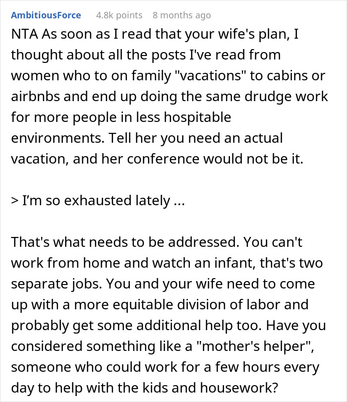 Comment discussing dad wondering if he&rsquo;s a jerk for not joining wife&rsquo;s work trip with the kids, sharing exhaustion and division of labor.