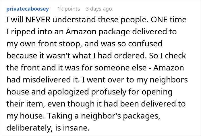 Comment explaining confusion over misdelivered Amazon package and frustration with neighbors stealing packages.
