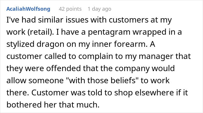 Screenshot of a Reddit comment describing a retail worker using HR’s rule on religious symbols against a complaining customer. Screenshot of a Reddit comment describing a retail worker using HR’s rule on religious symbols against a complaining customer.