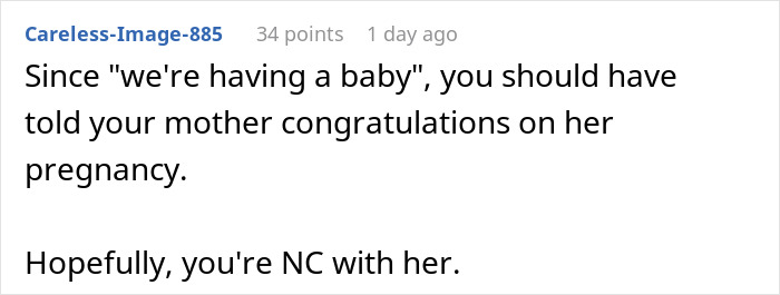 Screenshot of a social media comment about a mom stealing daughter&rsquo;s pregnancy announcement over a gender reveal party.