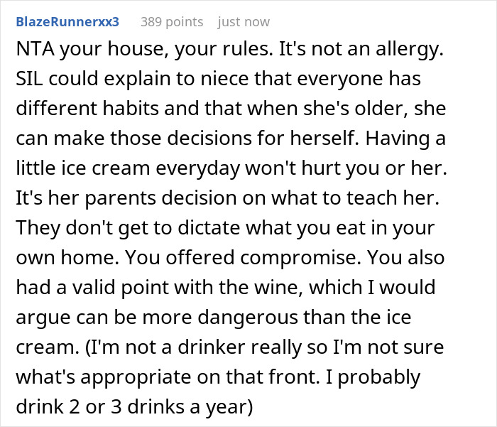 Comment discussing mom telling SIL eating ice cream every night complicates parenting and setting house rules. Comment discussing mom telling SIL eating ice cream every night complicates parenting and setting house rules.