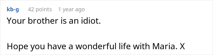 Screenshot of an online comment responding to a family wedding dispute involving a homewrecker brother situation.