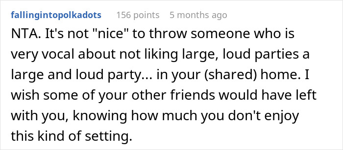 Comment discussing why throwing a surprise bash for an anxious birthday girl with 50 guests may be inconsiderate.