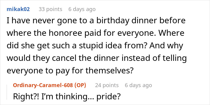 Comment discussion on birthday dinner expectations with MIL wanting DIL to pay for 8 people at a fancy restaurant.