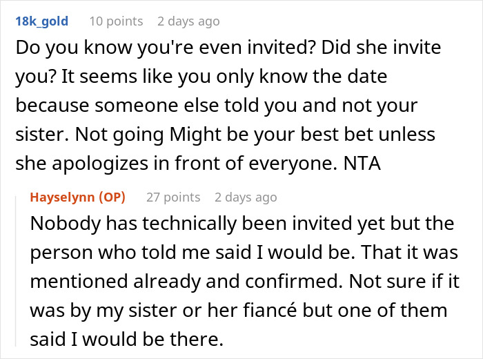 Reddit conversation about woman accused of stealing sister’s ex-fiancé at engagement dinner, discussing invitation issues. Reddit conversation about woman accused of stealing sister’s ex-fiancé at engagement dinner, discussing invitation issues.