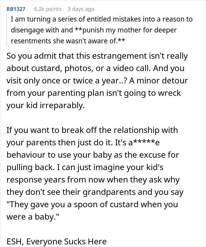 Screenshot of an online discussion about keeping son away from grandmother after being fed custard, highlighting family estrangement.