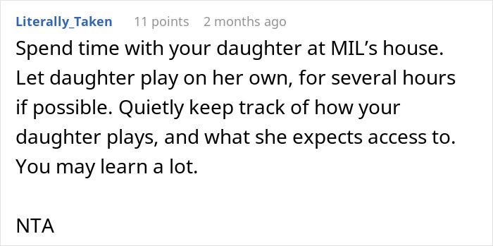 Comment advising to spend time with daughter at MIL&rsquo;s house to observe pregnancy-obsessed 6-year-old&rsquo;s behavior and weird gift reaction.