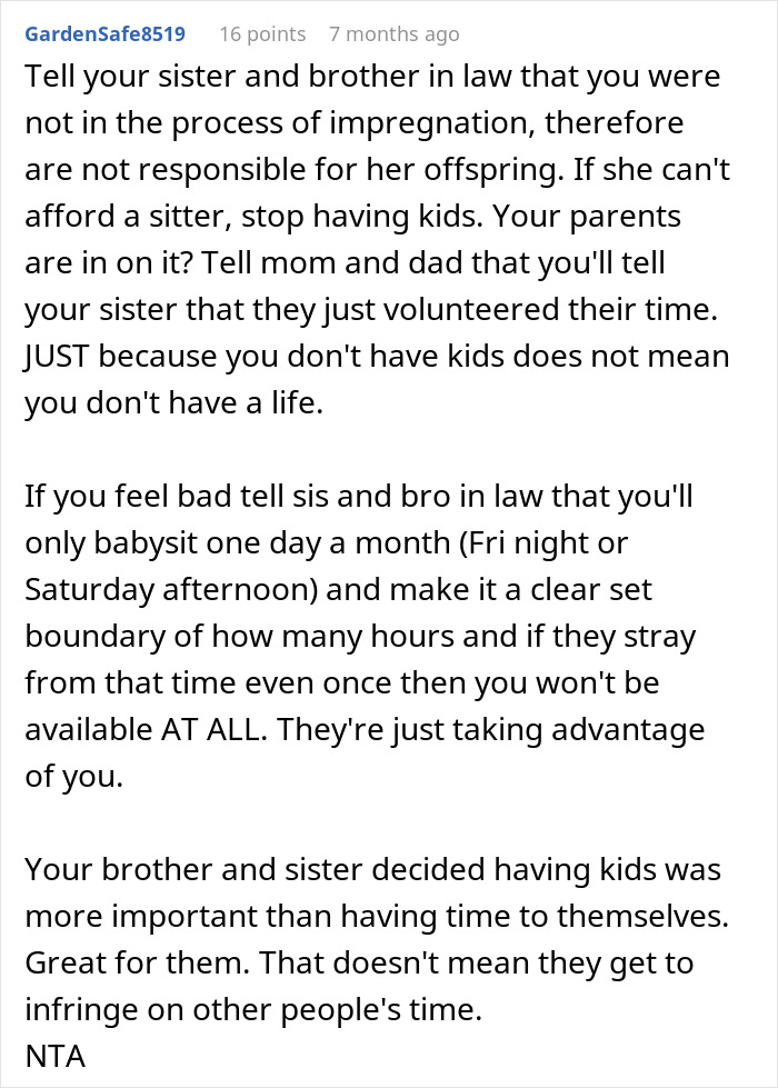 Comment advising childfree brother to set clear boundaries when babysitting entitled sister&rsquo;s kids every weekend to avoid being taken advantage of.