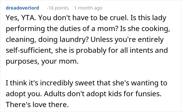 Comment discussing a teen refusing to be a birthday gift for stepmother, highlighting family dynamics and adoption feelings.