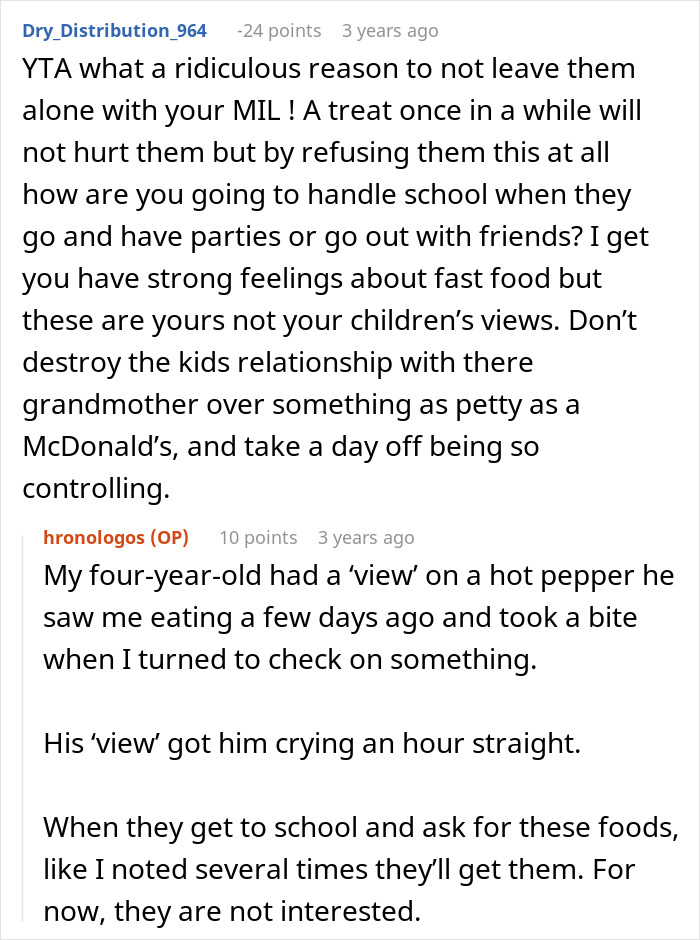 Reddit discussion about mom refusing to leave kids with MIL due to concerns over feeding them fast food.