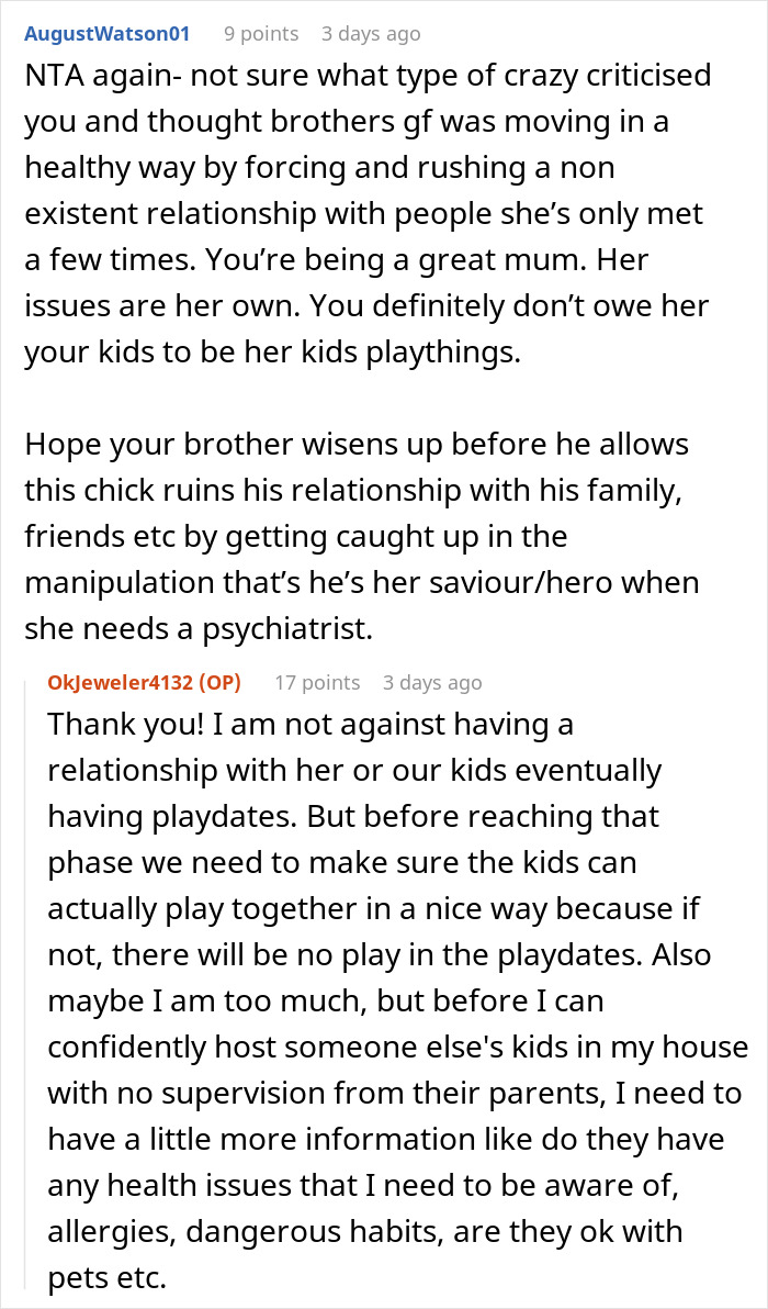 Reddit discussion about telling brother's girlfriend she can't expect equal treatment of her kids like own kids.