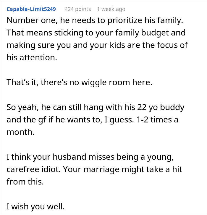 Reddit comment advising to prioritize family over hanging out with 21YO work buddy and his girlfriend. Reddit comment advising to prioritize family over hanging out with 21YO work buddy and his girlfriend.