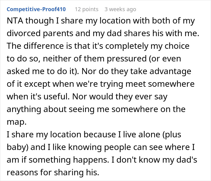 Reddit user explains choice to share location with divorced parents versus concerns over phone tracking by parents.